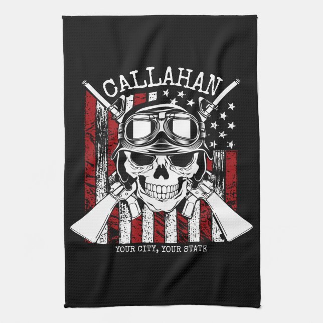 Personalised NAME Soldier Skull Dual Guns USA Flag Tea Towel (Vertical)
