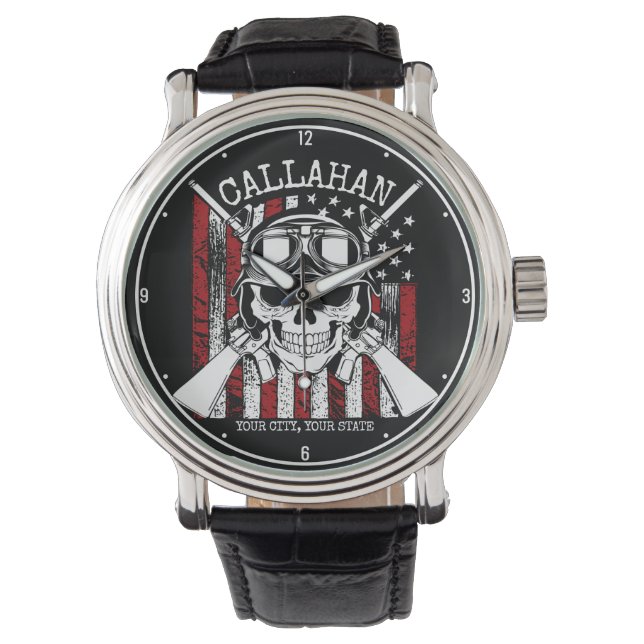 Personalised NAME Soldier Skull Dual Guns USA Flag Watch (Front)