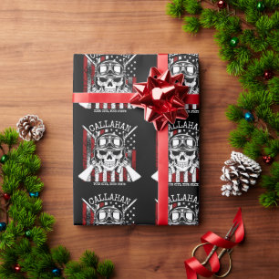Personalised NAME Soldier Skull Dual Guns USA Flag Wrapping Paper