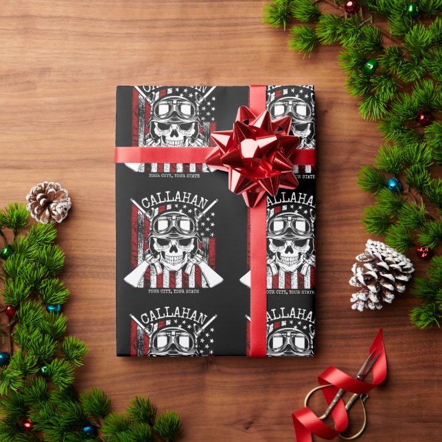 Personalised NAME Soldier Skull Dual Guns USA Flag Wrapping Paper (Holiday Gift)