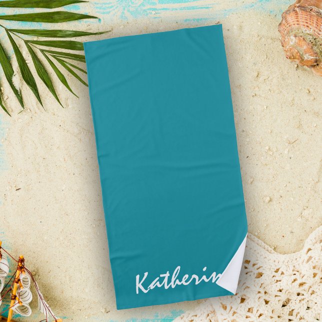 Personalised name solid colour Aqua Blue Vacations Beach Towel (Creator Uploaded)