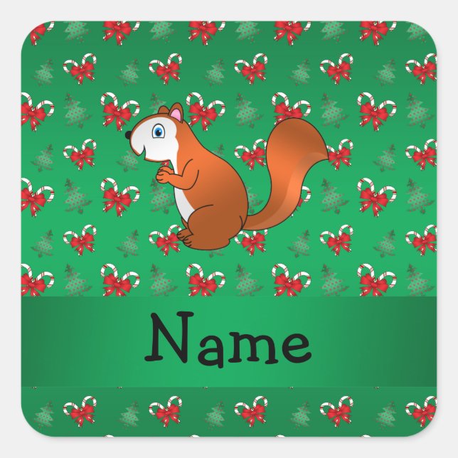 Personalised name squirrel green candy canes bows square sticker (Front)