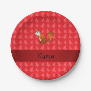 Personalised name squirrel red christmas trees paper plate