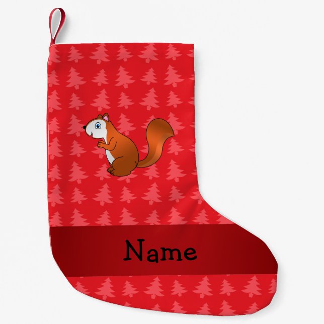 Personalised name squirrel red christmas trees small christmas stocking (Front)