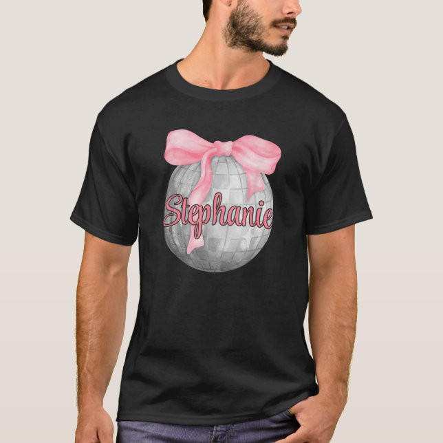 Personalised Name Stephanie Coquette Bow Pink Disc T-Shirt (Front)