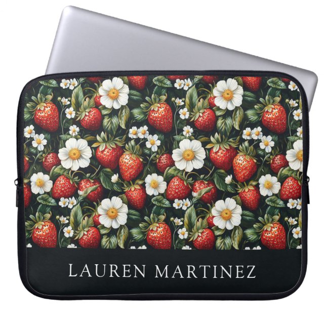 Personalised Name Strawberries and Blossom Laptop Sleeve (Front)