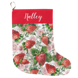 Personalised Name Strawberry Floral  Large Christmas Stocking