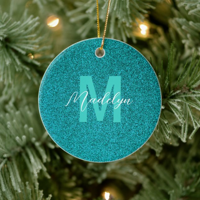 Personalised Name Stylish Glitter green Ceramic Ornament (Tree)