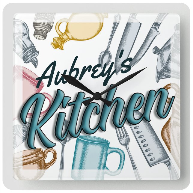 Personalised NAME Stylish Gourmet Kitchen Utensils Square Wall Clock (Creator Uploaded)