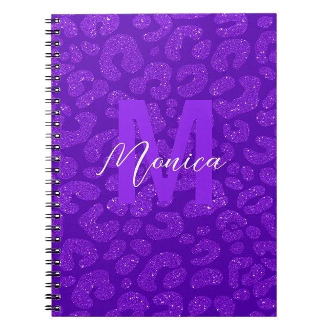 Personalised Name Stylish Purple Glitter Leopard  Notebook (Front)