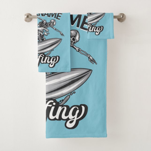 Personalised NAME Surfer Big Wave Skeleton Surfing Bath Towel Set (Insitu)