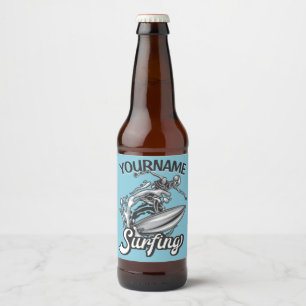 Personalised NAME Surfer Big Wave Skeleton Surfing Beer Bottle Label