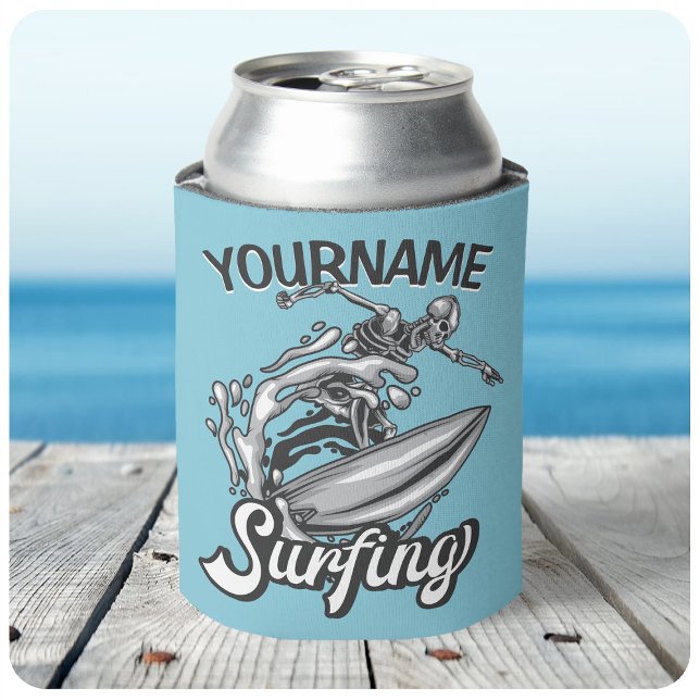 Personalised NAME Surfer Big Wave Skeleton Surfing Can Cooler (Creator Uploaded)