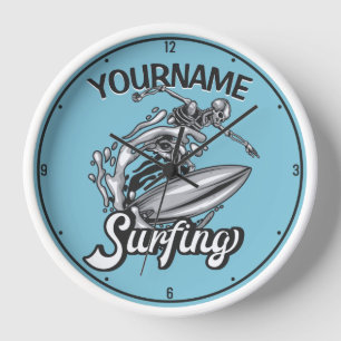 Personalised NAME Surfer Big Wave Skeleton Surfing Clock