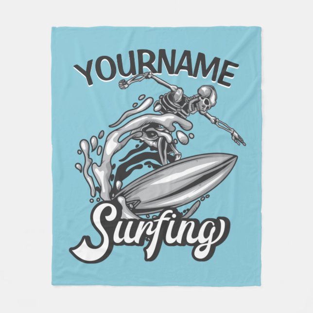 Personalised NAME Surfer Big Wave Skeleton Surfing Fleece Blanket (Front)