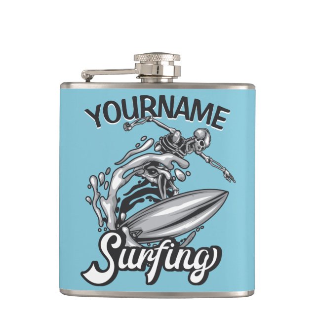 Personalised NAME Surfer Big Wave Skeleton Surfing Hip Flask (Front)