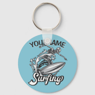 Personalised NAME Surfer Big Wave Skeleton Surfing Key Ring