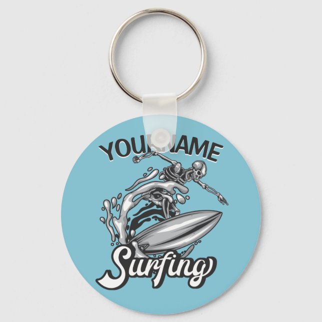 Personalised NAME Surfer Big Wave Skeleton Surfing Key Ring (Front)