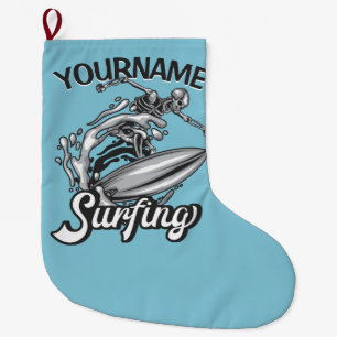 Personalised NAME Surfer Big Wave Skeleton Surfing Large Christmas Stocking