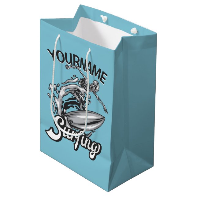 Personalised NAME Surfer Big Wave Skeleton Surfing Medium Gift Bag (Front Angled)
