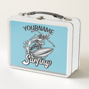 Personalised NAME Surfer Big Wave Skeleton Surfing Metal Lunch Box