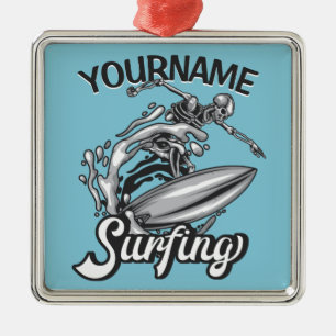 Personalised NAME Surfer Big Wave Skeleton Surfing Metal Ornament