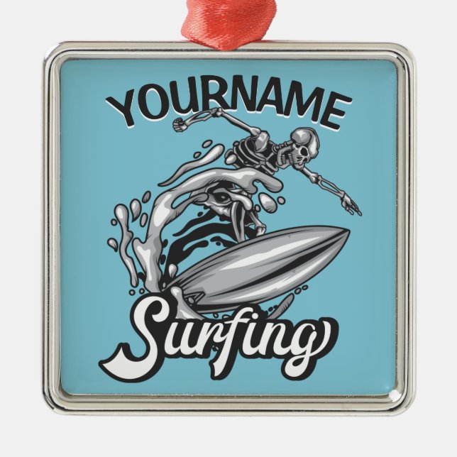 Personalised NAME Surfer Big Wave Skeleton Surfing Metal Ornament (Front)