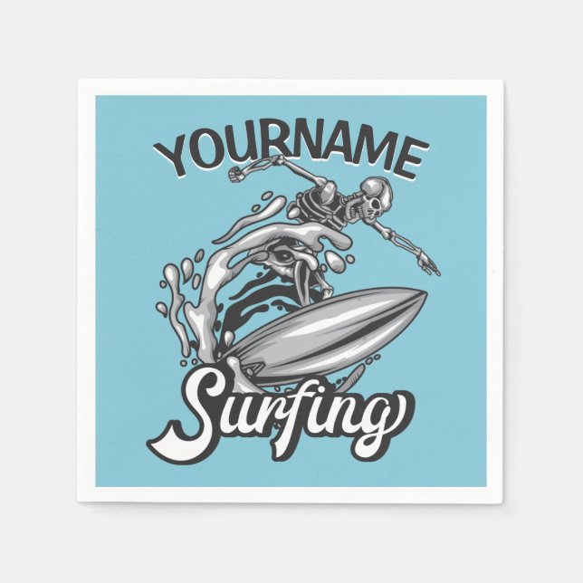 Personalised NAME Surfer Big Wave Skeleton Surfing Napkin (Front)