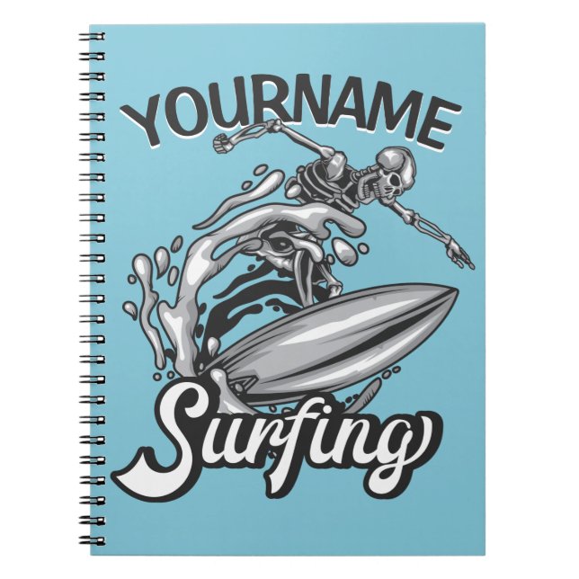 Personalised NAME Surfer Big Wave Skeleton Surfing Notebook (Front)