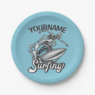 Personalised NAME Surfer Big Wave Skeleton Surfing Paper Plate