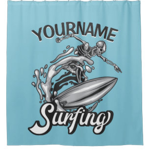 Personalised NAME Surfer Big Wave Skeleton Surfing Shower Curtain