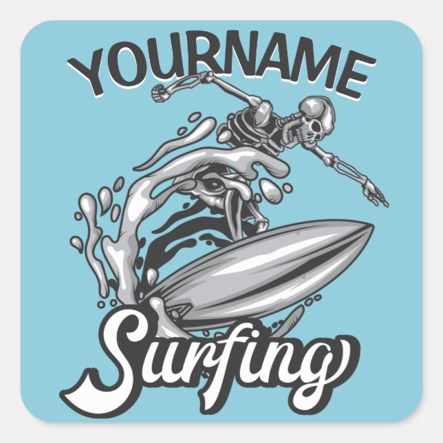 Personalised NAME Surfer Big Wave Skeleton Surfing Square Sticker (Front)