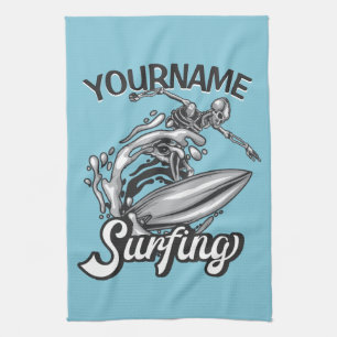 Personalised NAME Surfer Big Wave Skeleton Surfing Tea Towel