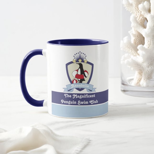 Personalised Name Swim Club Crest Cute Penguin Mug (Creator Uploaded)
