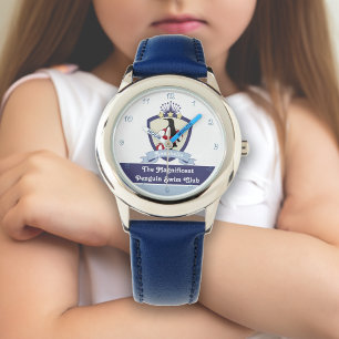 Personalised Name Swimming Club Crest Cute Penguin Watch
