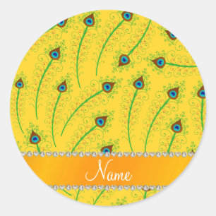 Personalised name swirly yellow peacock feathers classic round sticker