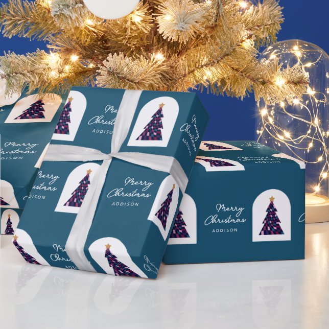 Personalised Name Teal Chequered Christmas Tree Wrapping Paper (Holidays)