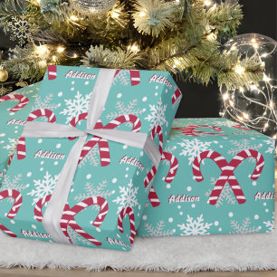 Personalised Name Teal Snowflake Candy Cane Gift Wrapping Paper