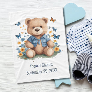 Personalised Name Teddy Bear Butterflies Baby Fleece Blanket