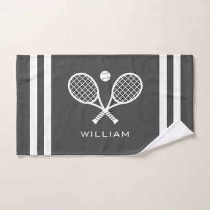 Personalised Name Tennis Dark Grey Stripes  Hand Towel