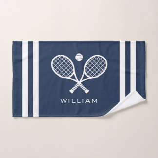 Personalised Name Tennis Navy Blue Stripes  Hand Towel
