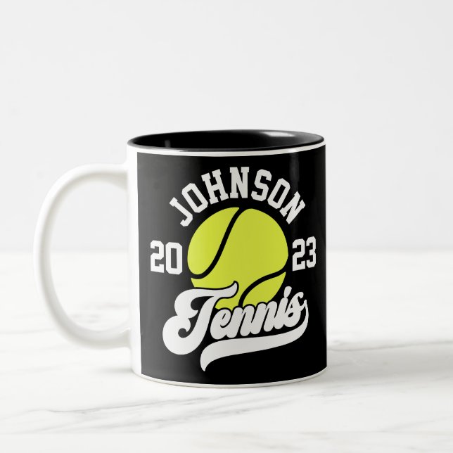Personalised NAME Tennis Player Racket Ball Court Two-Tone Coffee Mug (Left)