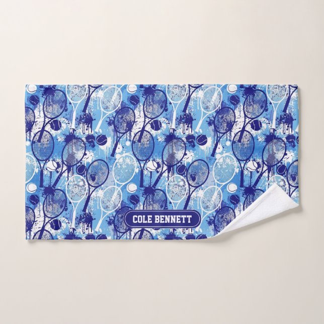 Personalised Name Tennis Towel Blue Arty Pattern (Hand Towel)
