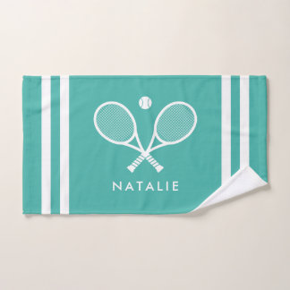 Personalised Name Tennis Turquoise Blue Stripes Hand Towel