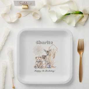 Personalised Name Text Boho Woodland Forest Animal Paper Plate