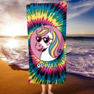 Personalised Name Tie Dye Unicorn Fun and Colourfu Beach Towel