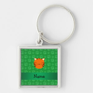 Personalised name tiger face green paw pattern key ring