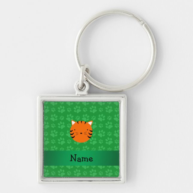 Personalised name tiger face green paw pattern key ring (Front)