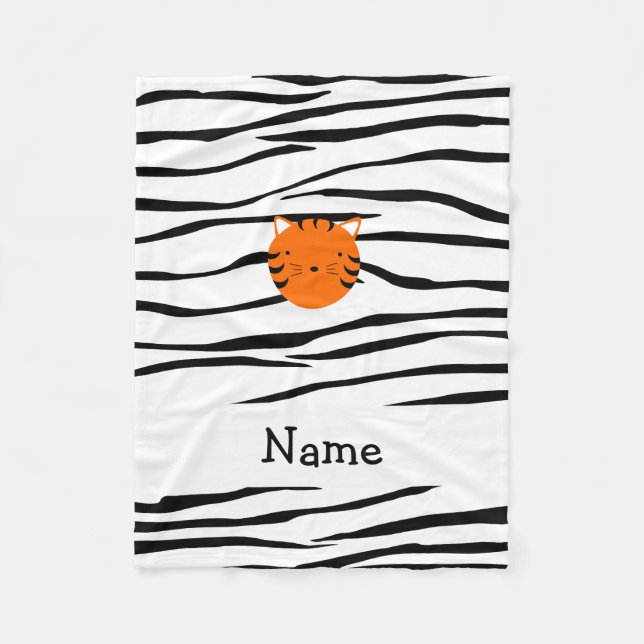 Personalised name tiger face zebra stripes fleece blanket (Front)