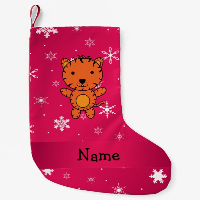 Personalised name tiger pink snowflakes small christmas stocking (Front)